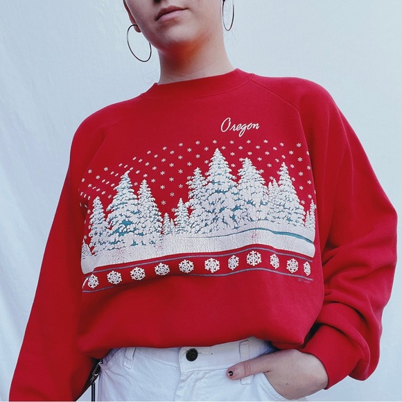 Vintage Sweaters - Vintage Oregon Christmas 90s Crewneck Sweater Red Christmas Trees Winter XL